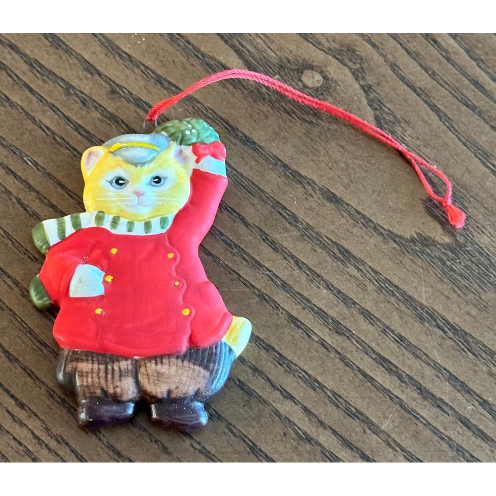 Vintage 1985 Schmid Kitty Cucumber Christmas Ornament Red Coat Cat B Shackman